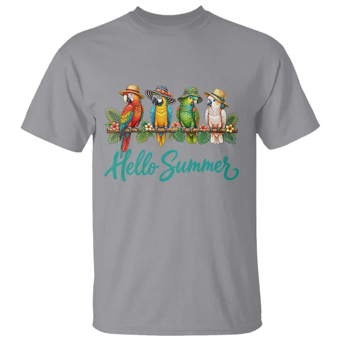 Hello Summer Parrots T Shirt Tropical Beach Vacation Graphic TS12 Sport Gray Print Your Wear