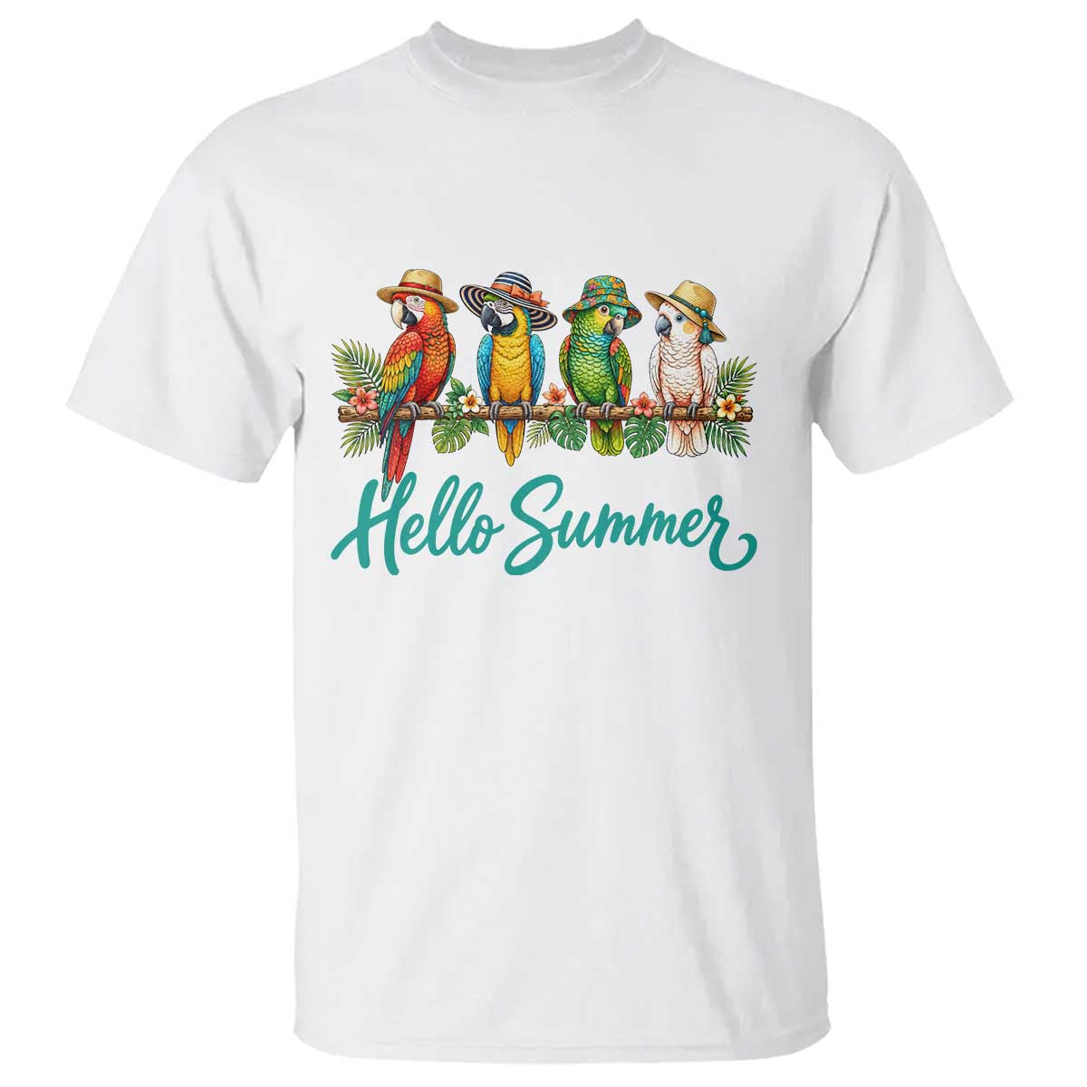 Hello Summer Parrots T Shirt Tropical Beach Vacation Graphic TS12 White Print Your Wear