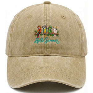 Hello Summer Parrots Washed Cotton Baseball Cap Tropical Beach Vacation Graphic TS12 Print Your Wear