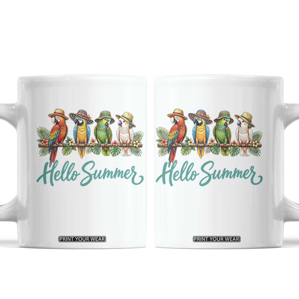 Hello Summer Parrots Coffee Mug Tropical Beach Vacation Graphic TS12 White Print Your Wear