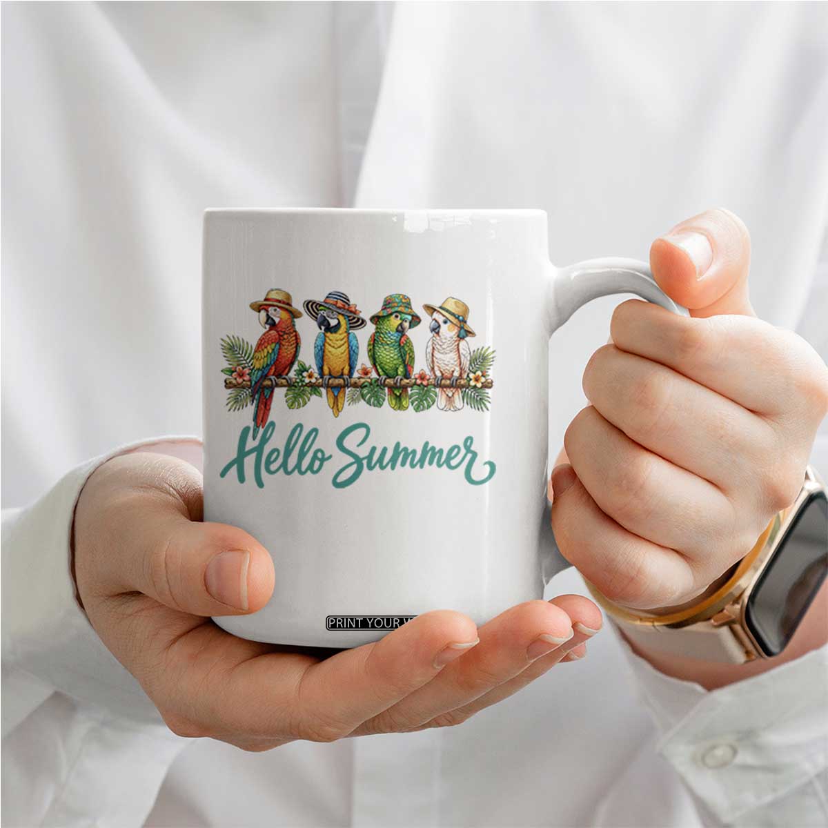 Hello Summer Parrots Coffee Mug Tropical Beach Vacation Graphic TS12 Print Your Wear