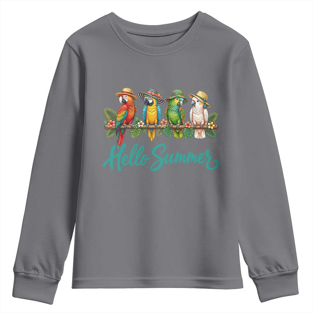 Hello Summer Parrots Youth Sweatshirt Tropical Beach Vacation Graphic TS12 Charcoal Print Your Wear