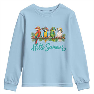 Hello Summer Parrots Youth Sweatshirt Tropical Beach Vacation Graphic TS12 Light Blue Print Your Wear