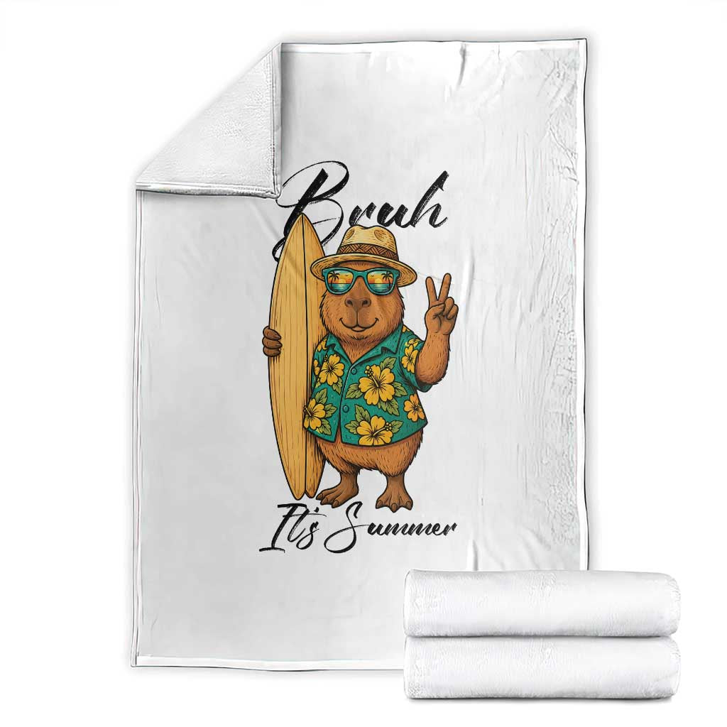 Bruh Its Summer Throw Blanket Funny Capybara Surfer Beach Vacation Gift TS12 White Print Your Wear