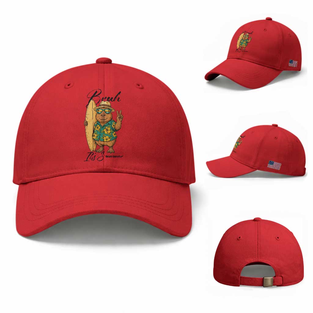 Bruh Its Summer Baseball Cap Funny Capybara Surfer Beach Vacation Gift TS12 Baseball Cap Universal Fit Red Print Your Wear