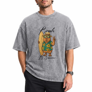 Bruh Its Summer Washed Cotton T-Shirt Funny Capybara Surfer Beach Vacation Gift