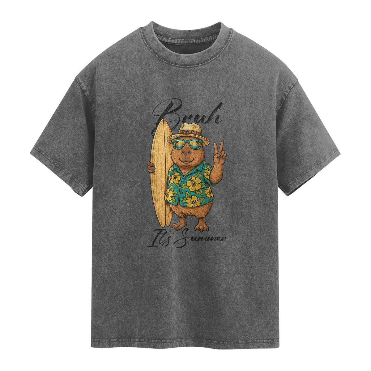 Bruh Its Summer Washed Cotton T-Shirt Funny Capybara Surfer Beach Vacation Gift