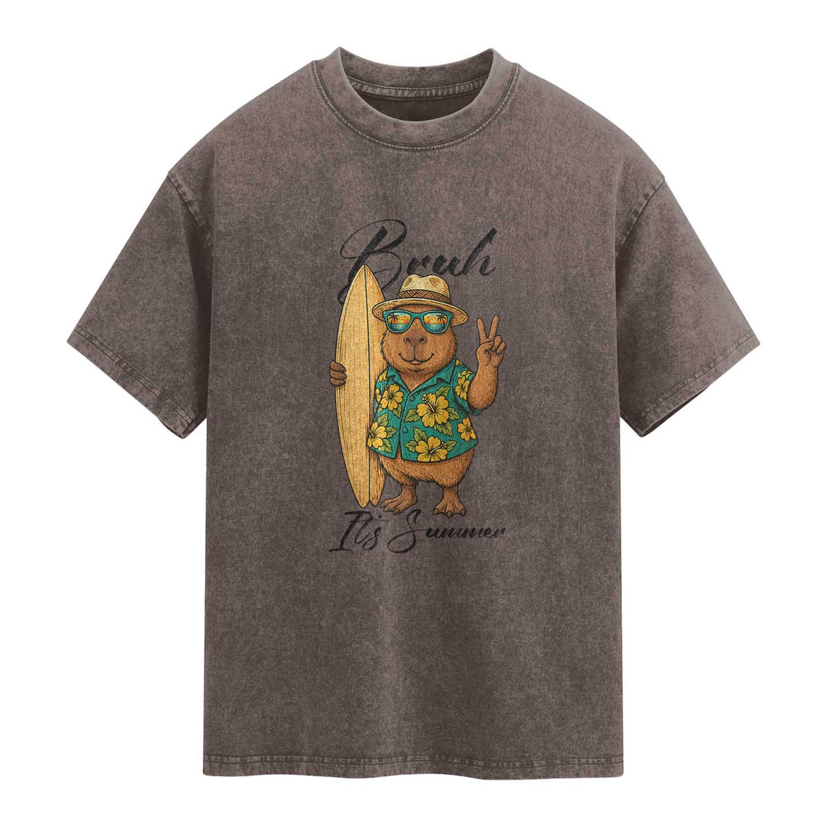 Bruh Its Summer Washed Cotton T-Shirt Funny Capybara Surfer Beach Vacation Gift