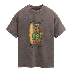 Bruh Its Summer Washed Cotton T-Shirt Funny Capybara Surfer Beach Vacation Gift
