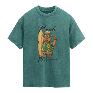 Bruh Its Summer Washed Cotton T-Shirt Funny Capybara Surfer Beach Vacation Gift
