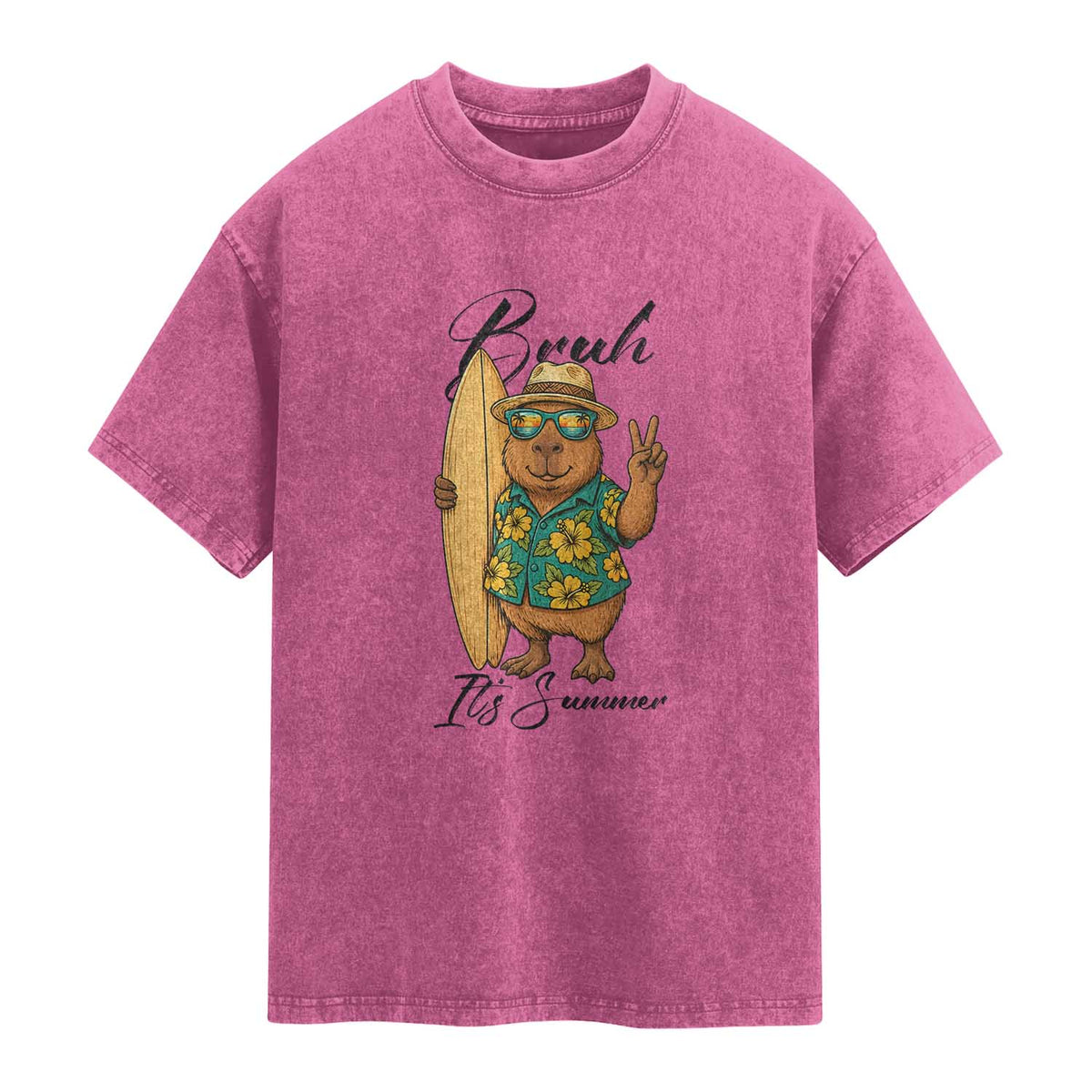 Bruh Its Summer Washed Cotton T-Shirt Funny Capybara Surfer Beach Vacation Gift