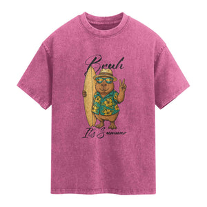 Bruh Its Summer Washed Cotton T-Shirt Funny Capybara Surfer Beach Vacation Gift