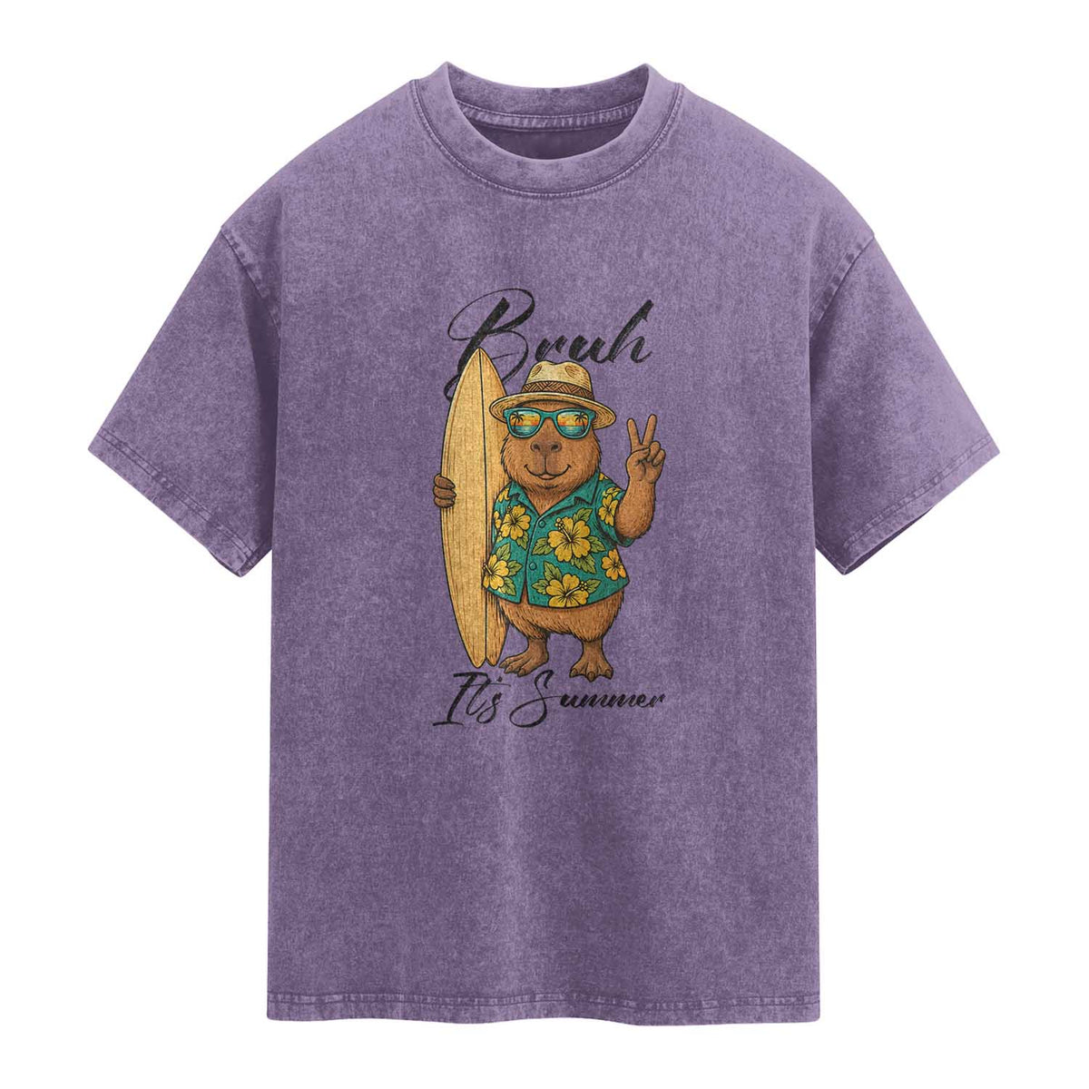 Bruh Its Summer Washed Cotton T-Shirt Funny Capybara Surfer Beach Vacation Gift