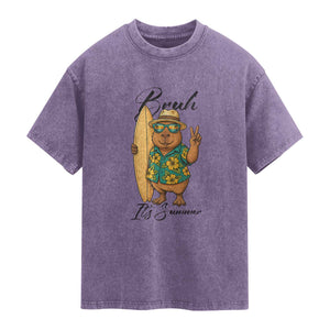 Bruh Its Summer Washed Cotton T-Shirt Funny Capybara Surfer Beach Vacation Gift