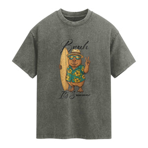Bruh Its Summer Washed Cotton T-Shirt Funny Capybara Surfer Beach Vacation Gift