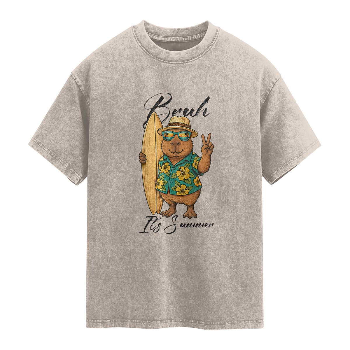 Bruh Its Summer Washed Cotton T-Shirt Funny Capybara Surfer Beach Vacation Gift