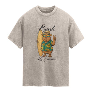 Bruh Its Summer Washed Cotton T-Shirt Funny Capybara Surfer Beach Vacation Gift