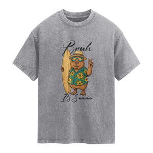 Bruh Its Summer Washed Cotton T-Shirt Funny Capybara Surfer Beach Vacation Gift