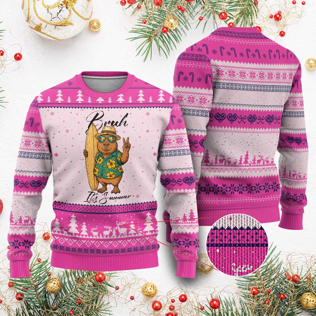 Bruh Its Summer Ugly Christmas Sweater Funny Capybara Surfer Beach Vacation Gift TS12 Hot Pink Print Your Wear