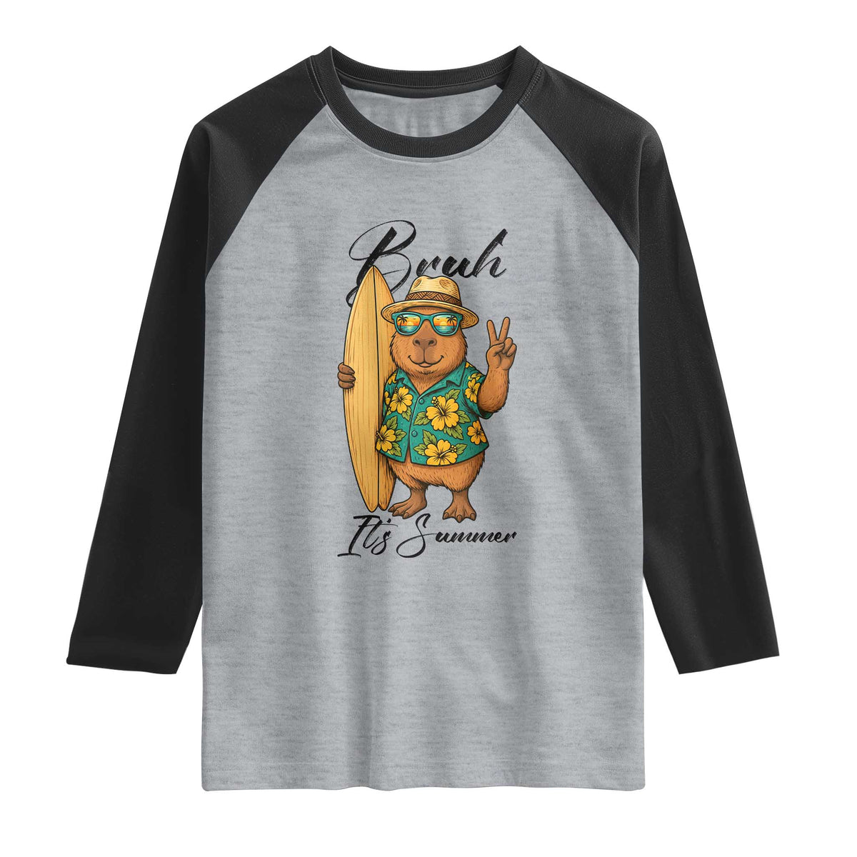 Bruh Its Summer Raglan Shirt Funny Capybara Surfer Beach Vacation Gift TS12 Heather Gray Black Print Your Wear