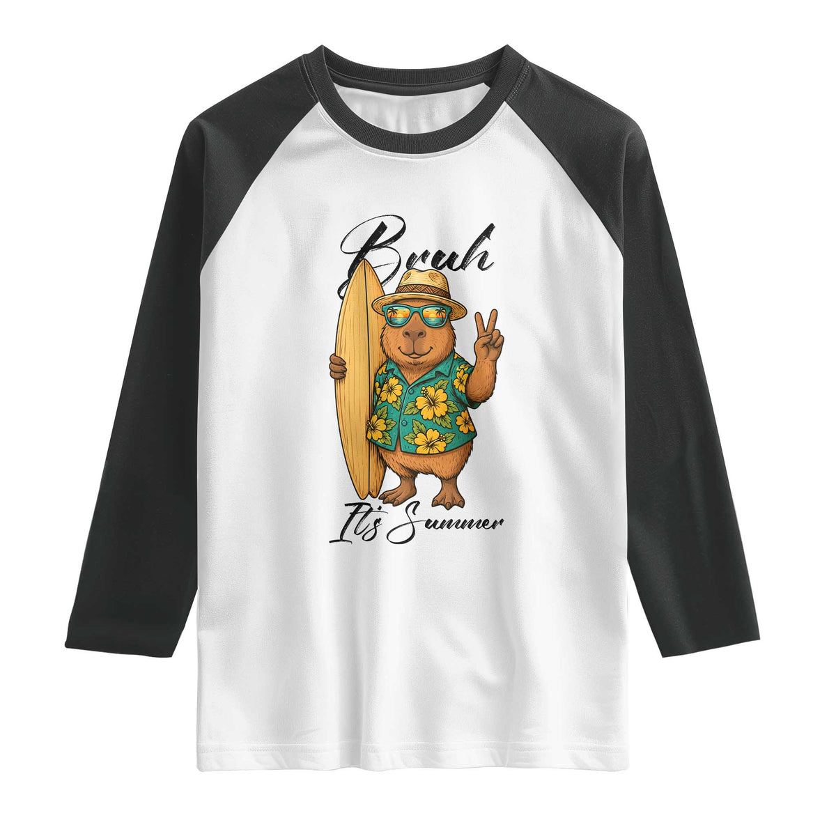 Bruh Its Summer Raglan Shirt Funny Capybara Surfer Beach Vacation Gift TS12 White Black Print Your Wear