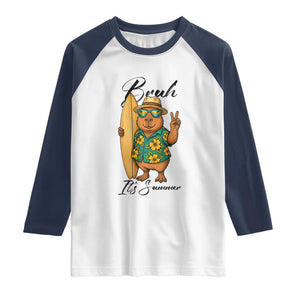 Bruh Its Summer Raglan Shirt Funny Capybara Surfer Beach Vacation Gift TS12 White Navy Print Your Wear