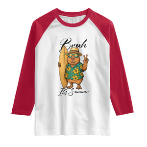 Bruh Its Summer Raglan Shirt Funny Capybara Surfer Beach Vacation Gift TS12 White Red Print Your Wear