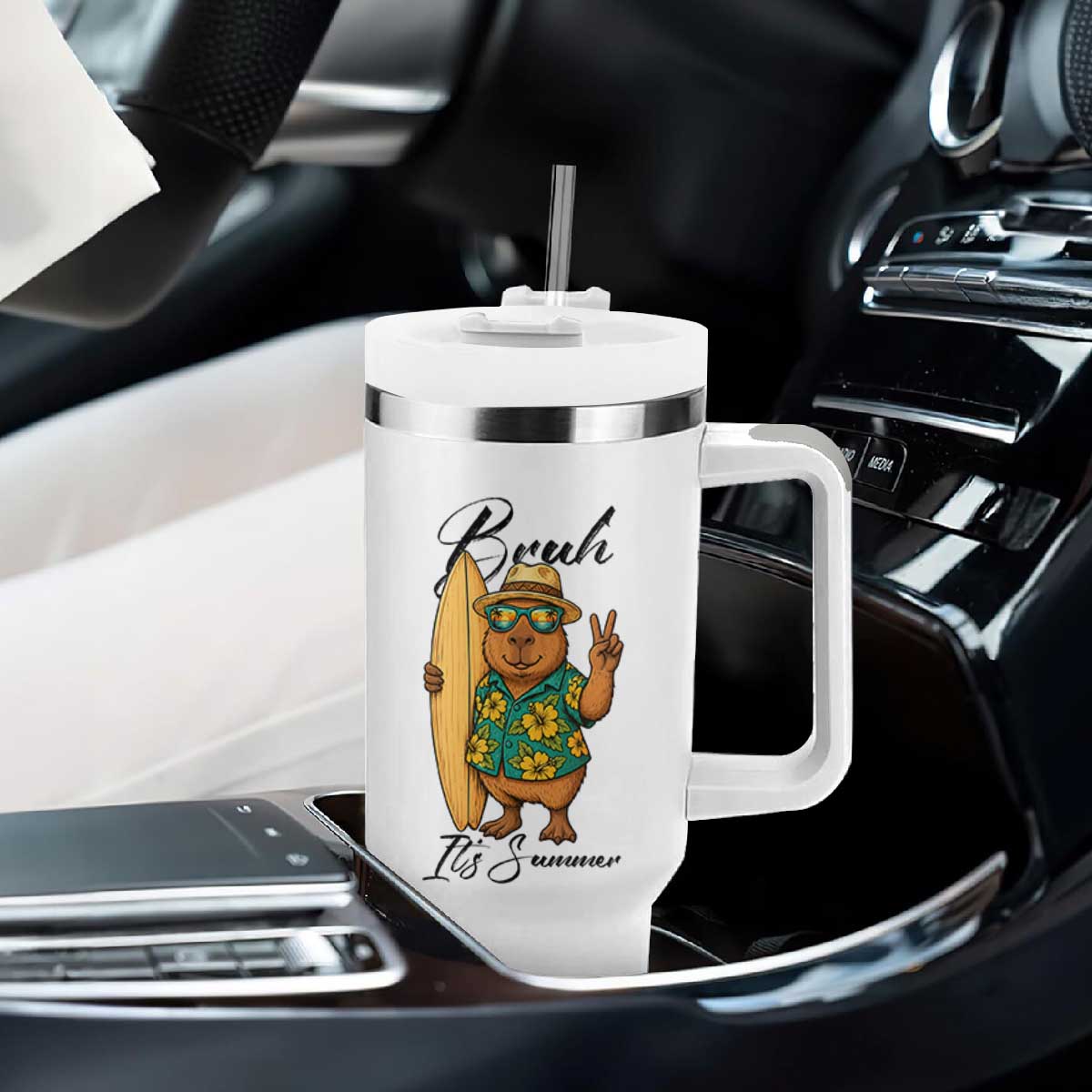 Bruh Its Summer Tumbler With Handle Funny Capybara Surfer Beach Vacation Gift TS12 Print Your Wear