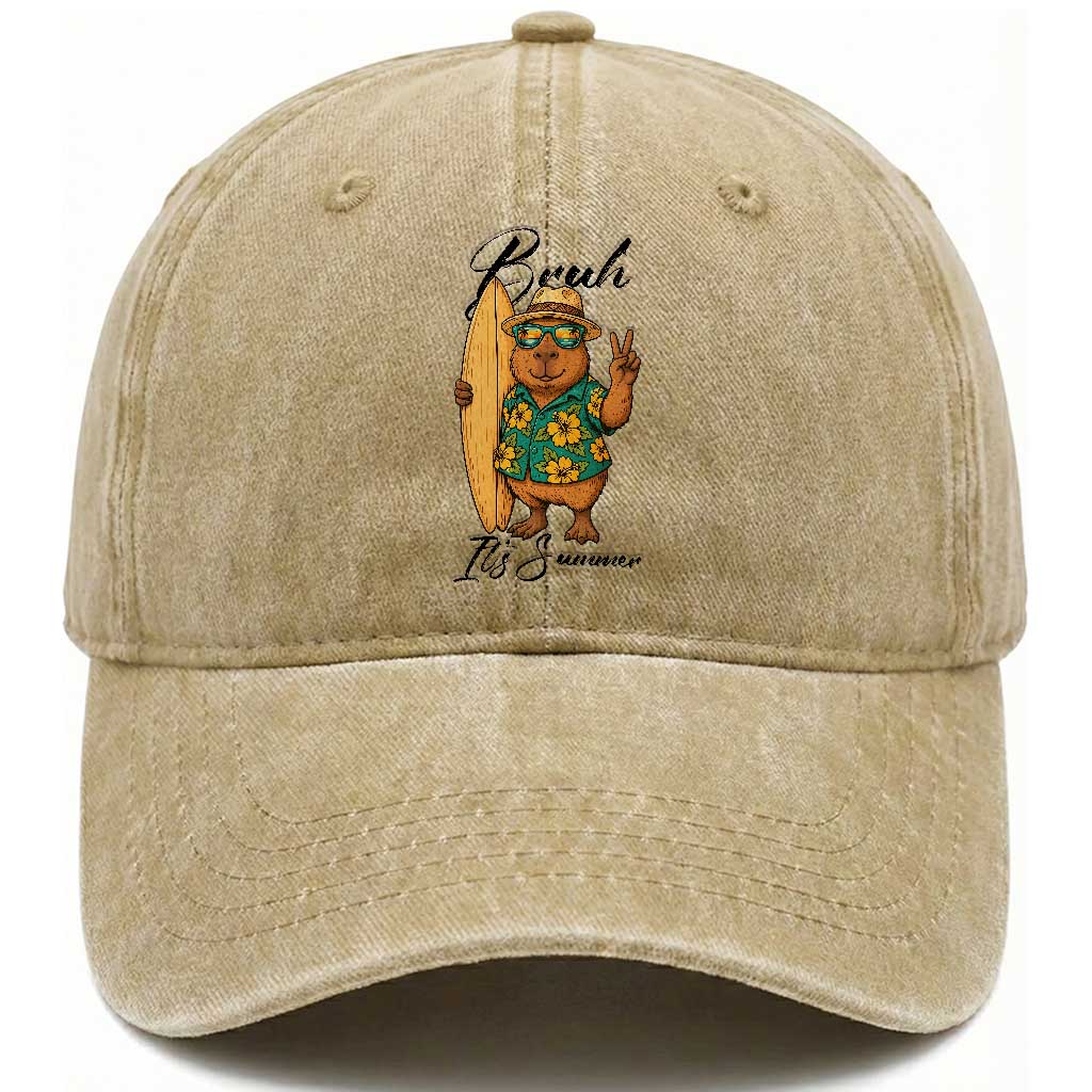 Bruh Its Summer Washed Cotton Baseball Cap Funny Capybara Surfer Beach Vacation Gift TS12 Print Your Wear