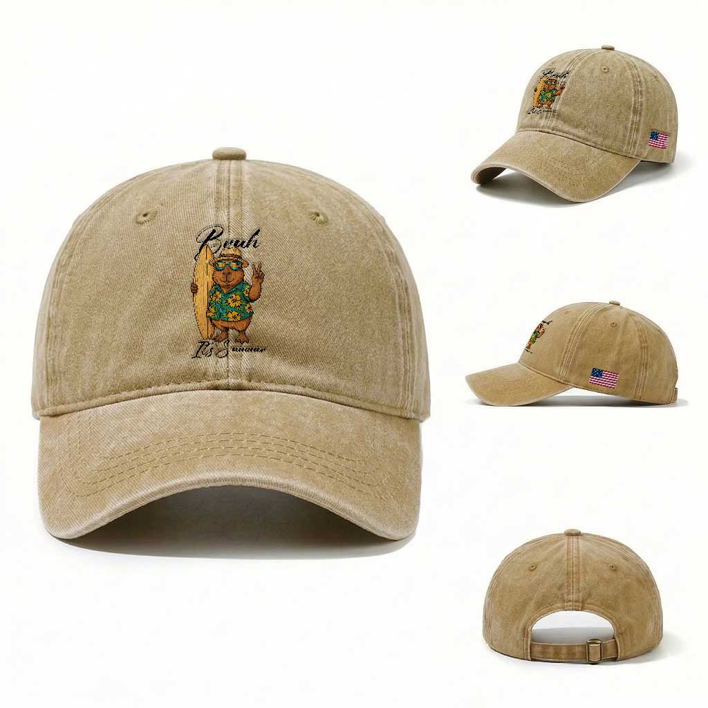 Bruh Its Summer Washed Cotton Baseball Cap Funny Capybara Surfer Beach Vacation Gift TS12 Washed Cap Universal Fit Khaki Print Your Wear