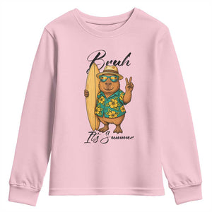 Bruh Its Summer Youth Sweatshirt Funny Capybara Surfer Beach Vacation Gift TS12 Light Pink Print Your Wear