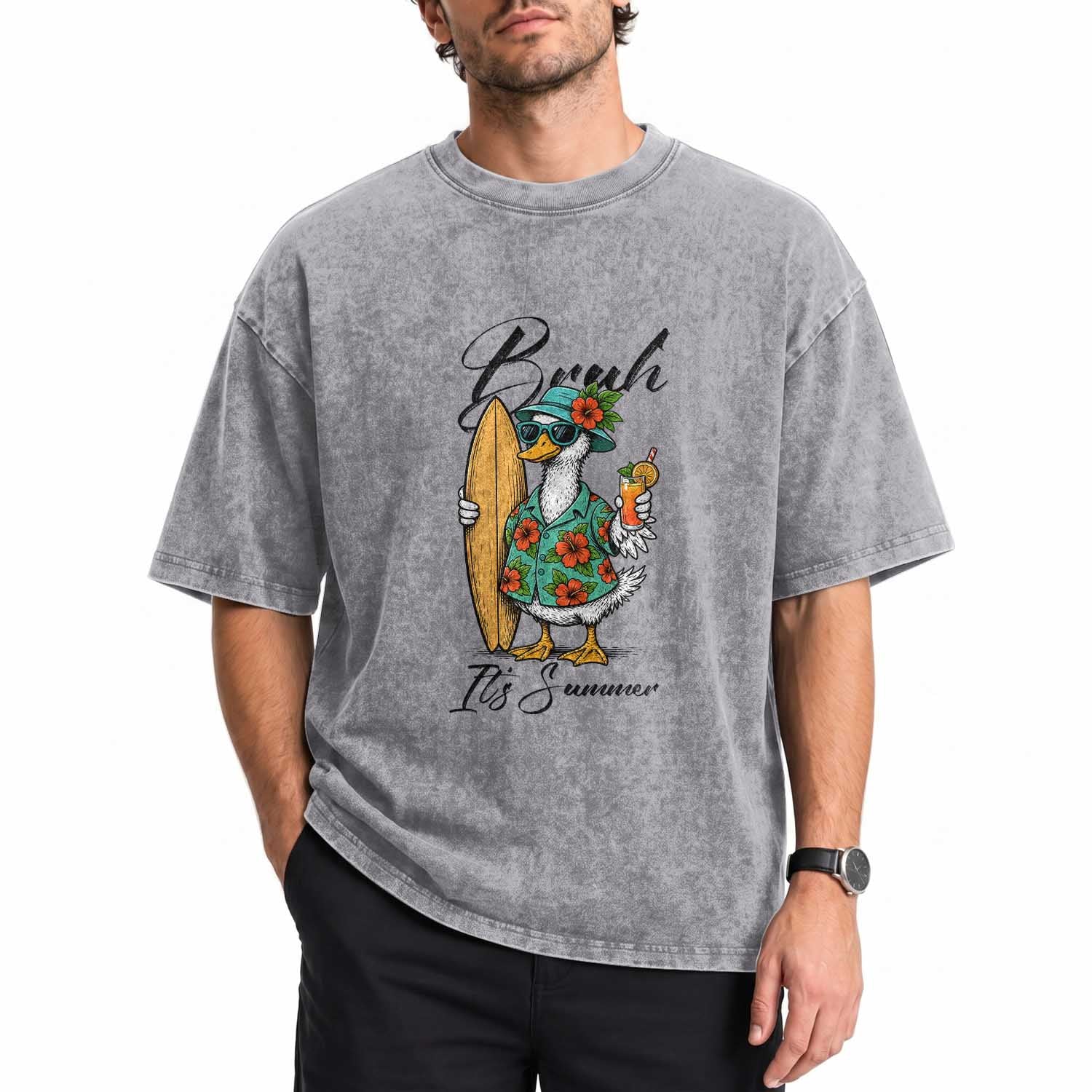Bruh Its Summer Washed Cotton T-Shirt Funny Hawaiian Goose Surfer Graphic