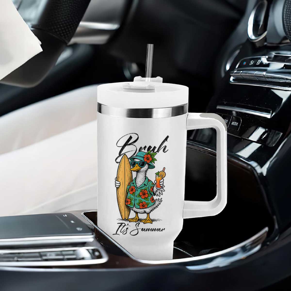 Bruh Its Summer Tumbler With Handle Funny Hawaiian Goose Surfer Graphic TS12 Print Your Wear