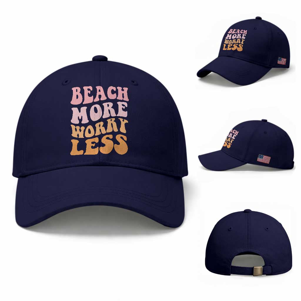 Beach More Worry Less Baseball Cap Boho Summer Vacation TS12 Baseball Cap Universal Fit Dark Blue Print Your Wear