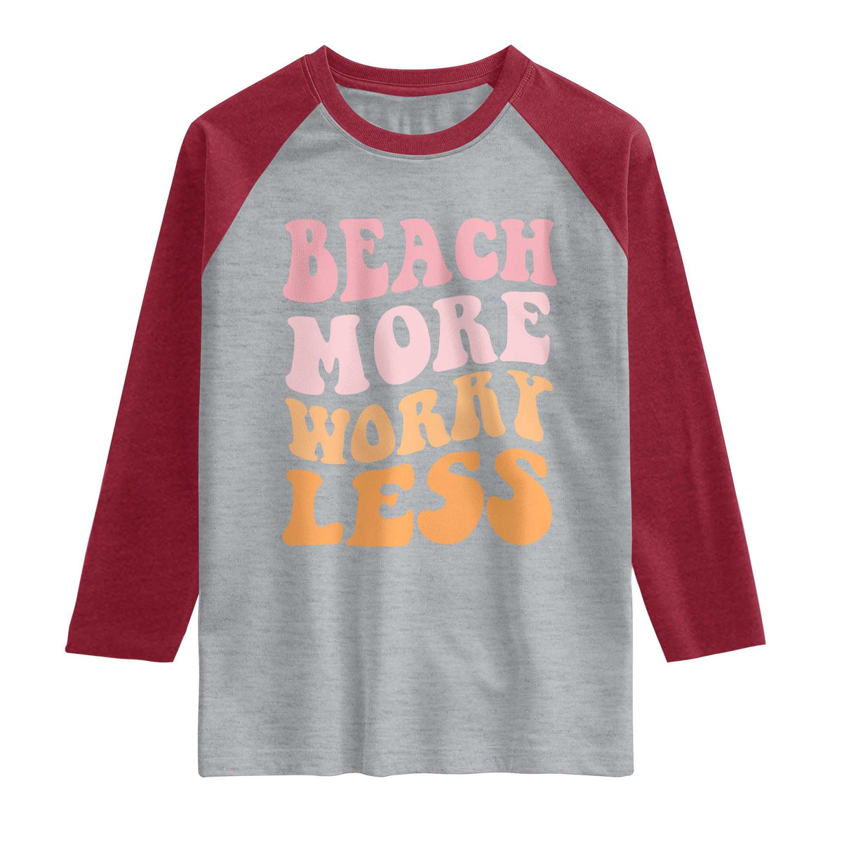 Beach More Worry Less Raglan Shirt Boho Summer Vacation TS12 Heather Gray Heather Red Print Your Wear