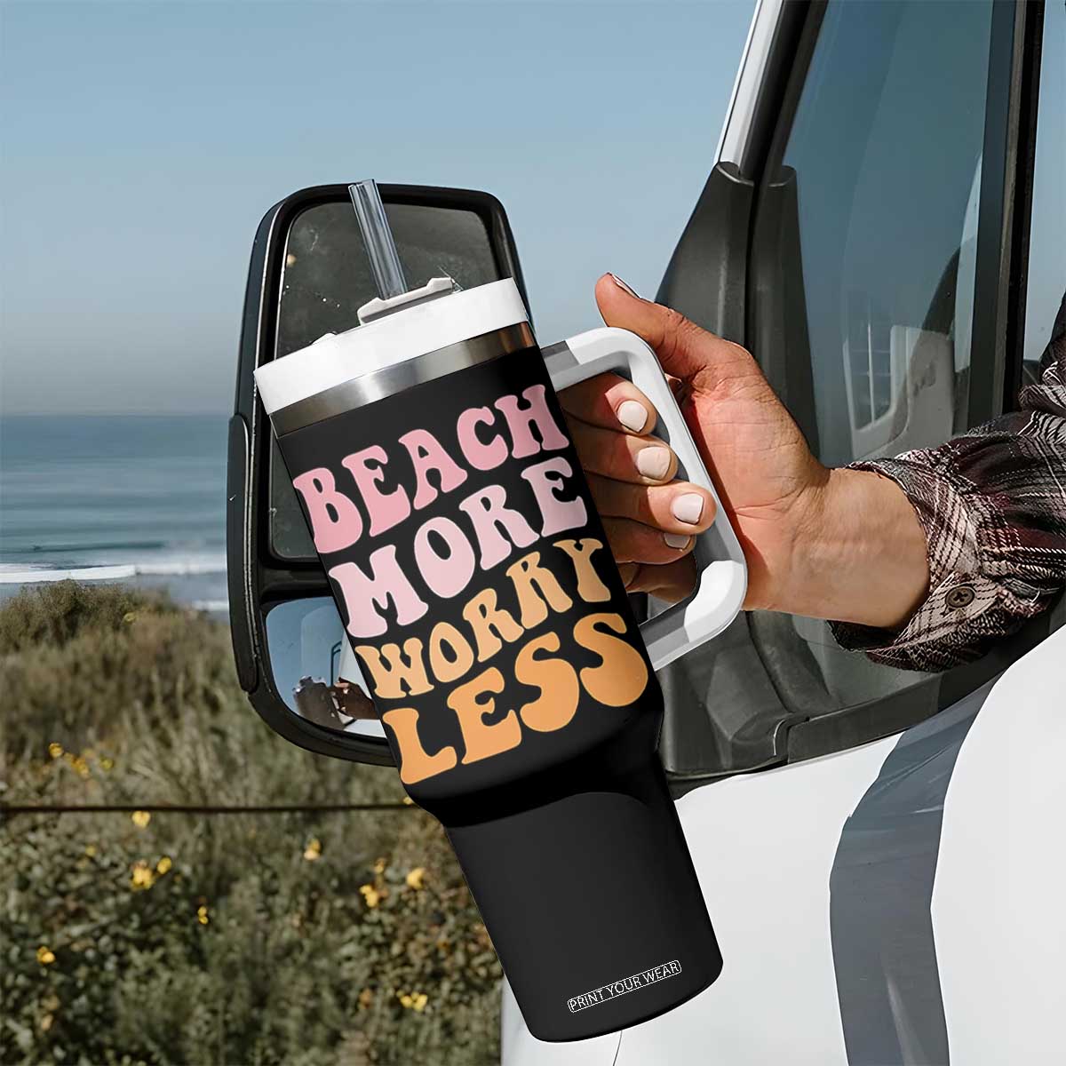 Beach More Worry Less Tumbler With Handle Boho Summer Vacation TS12 Print Your Wear