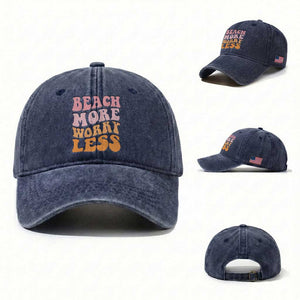 Beach More Worry Less Washed Cotton Baseball Cap Boho Summer Vacation TS12 Washed Cap Universal Fit Navy Print Your Wear