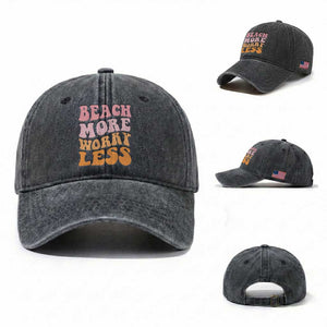 Beach More Worry Less Washed Cotton Baseball Cap Boho Summer Vacation TS12 Washed Cap Universal Fit Dark Gray Print Your Wear