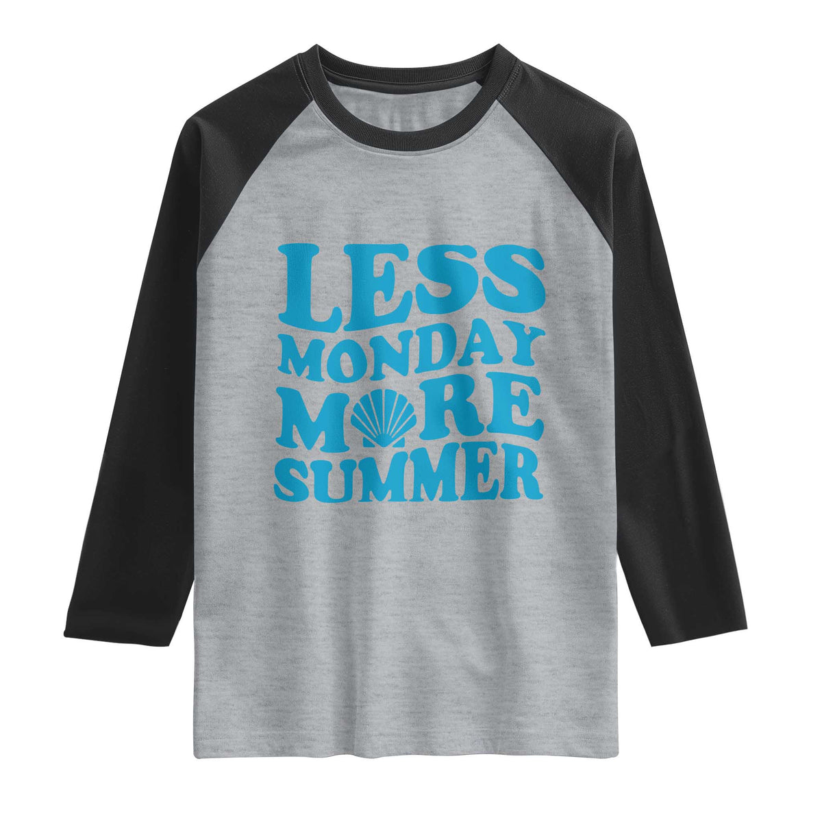 Less Monday More Summer Raglan Shirt Retro Beach Seashell Graphic TS12 Heather Gray Black Print Your Wear