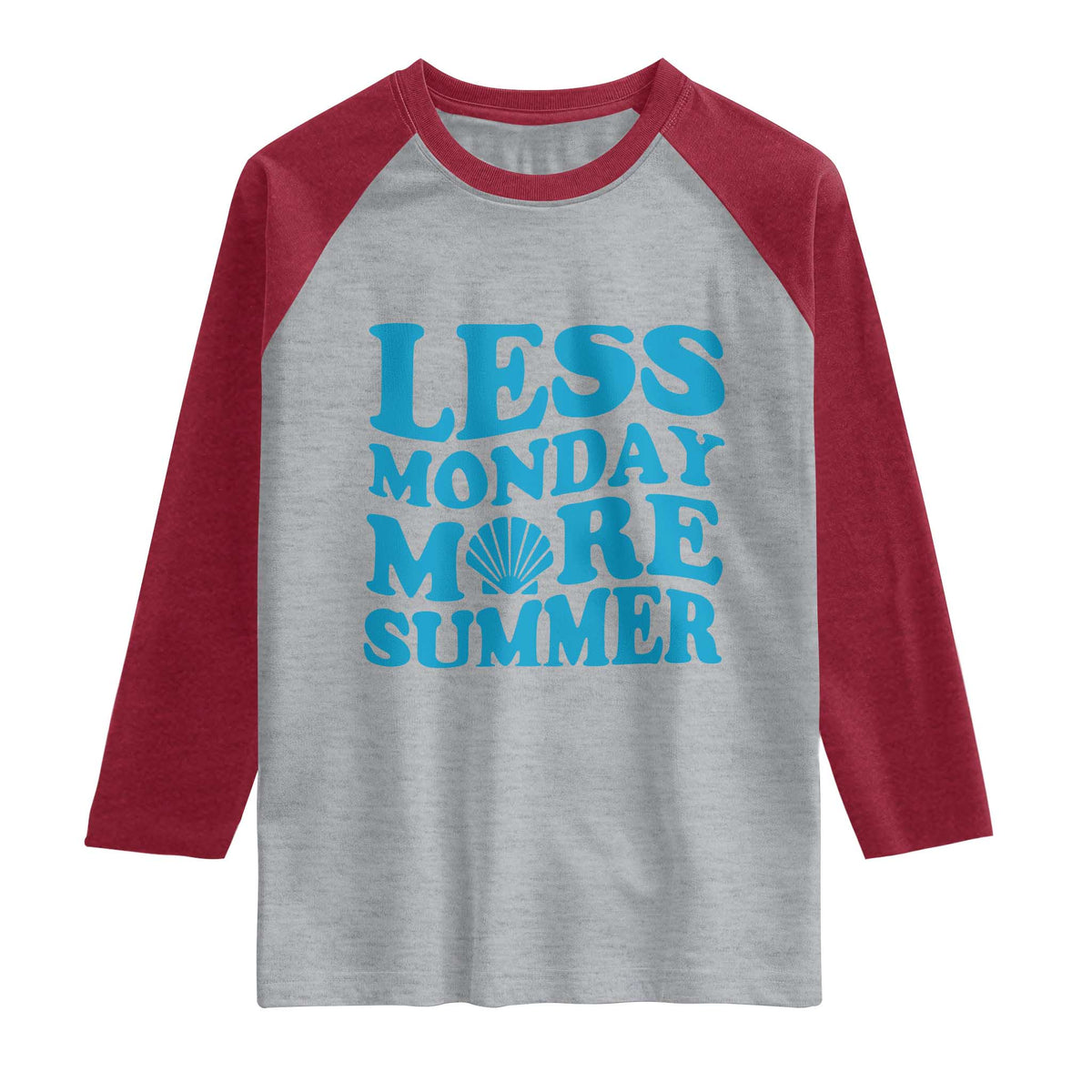Less Monday More Summer Raglan Shirt Retro Beach Seashell Graphic TS12 Heather Gray Heather Red Print Your Wear