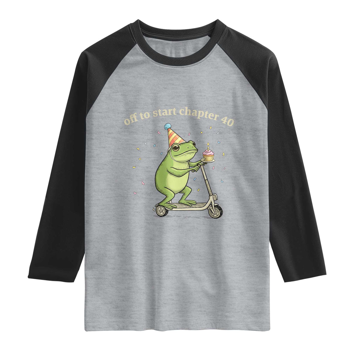 Off To Start Chapter 40 Raglan Shirt Funny Frog Scooter 40th Birthday Gift TS12 Heather Gray Black Print Your Wear