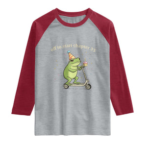 Off To Start Chapter 35 Raglan Shirt Funny Frog Scooter 35th Birthday Gift TS12 Heather Gray Heather Red Print Your Wear
