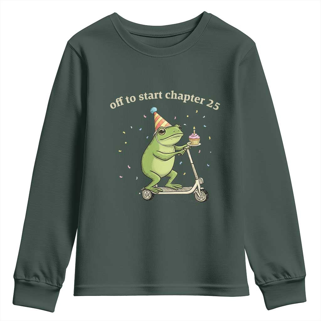 Off To Start Chapter 25 Youth Sweatshirt Funny Frog Scooter 25th Birthday Gift TS12 Dark Forest Green Print Your Wear