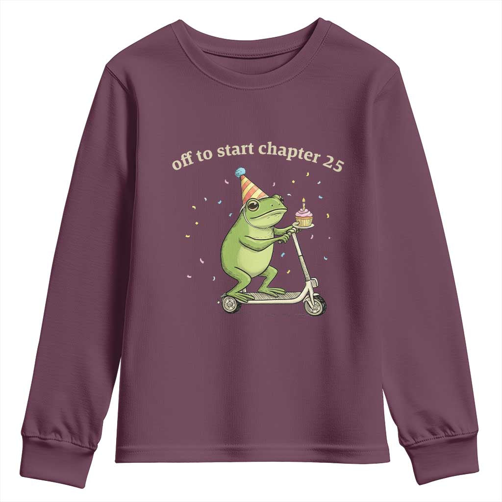 Off To Start Chapter 25 Youth Sweatshirt Funny Frog Scooter 25th Birthday Gift TS12 Maroon Print Your Wear