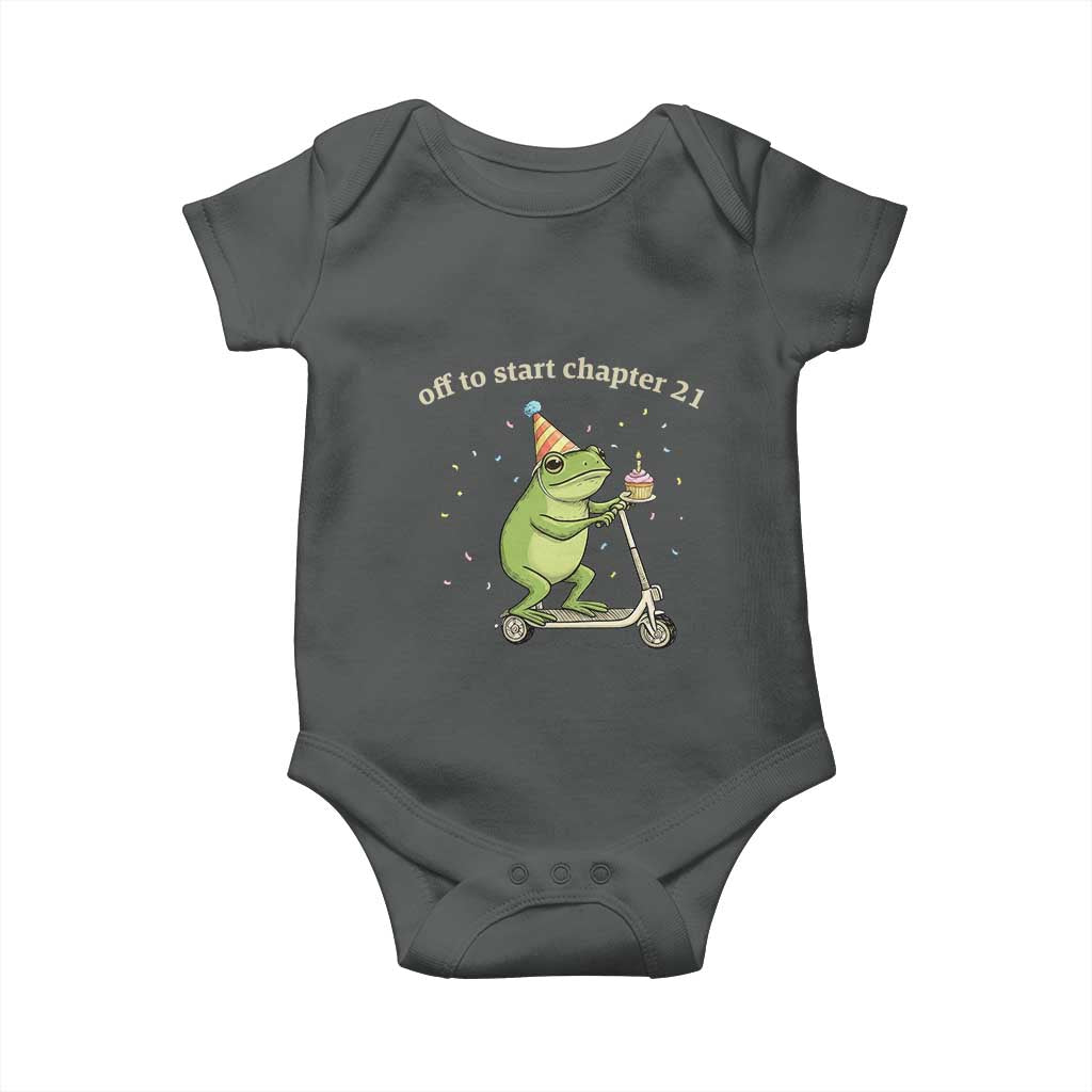 Off To Start Chapter 21 Baby Onesie Funny Frog Scooter 21st Birthday Gift TS12 Dark Heather Print Your Wear