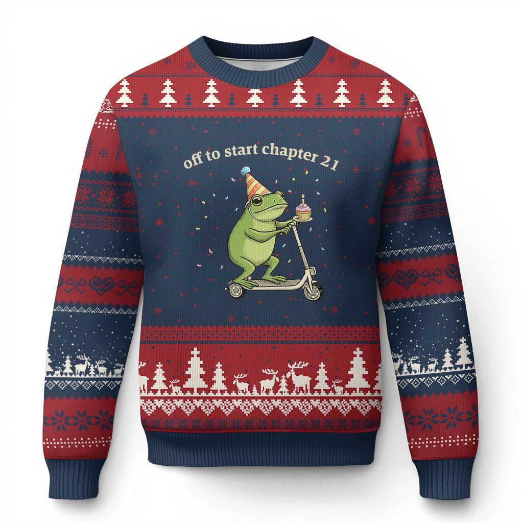 Off To Start Chapter 21 Ugly Christmas Sweater Funny Frog Scooter 21st Birthday Gift TS12 Navy Red Print Your Wear