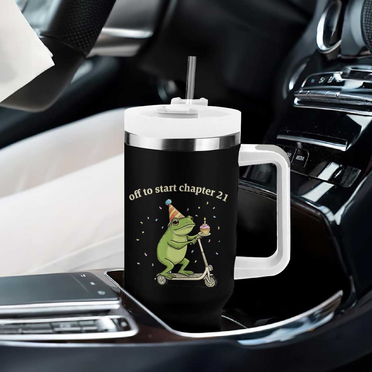 Off To Start Chapter 21 Tumbler With Handle Funny Frog Scooter 21st Birthday Gift TS12 Print Your Wear