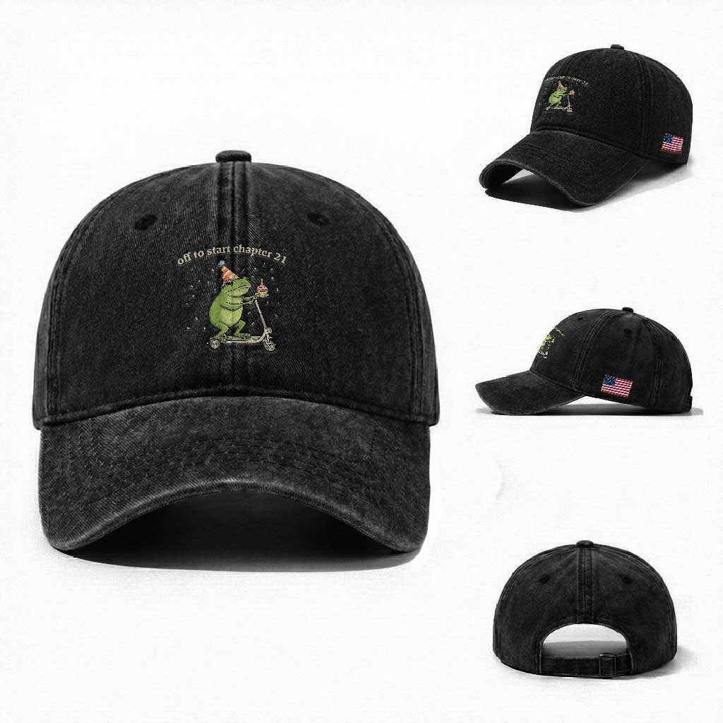 Off To Start Chapter 21 Washed Cotton Baseball Cap Funny Frog Scooter 21st Birthday Gift TS12 Washed Cap Universal Fit Black Print Your Wear