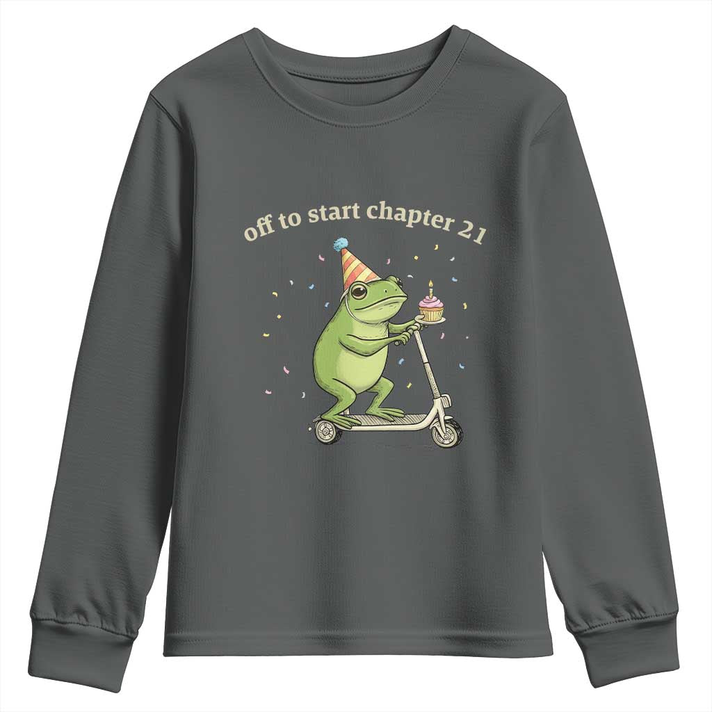 Off To Start Chapter 21 Youth Sweatshirt Funny Frog Scooter 21st Birthday Gift TS12 Dark Heather Print Your Wear