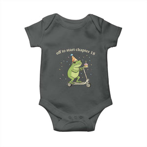 Off To Start Chapter 18 Baby Onesie Funny Frog Scooter 18th Birthday Gift TS12 Dark Heather Print Your Wear